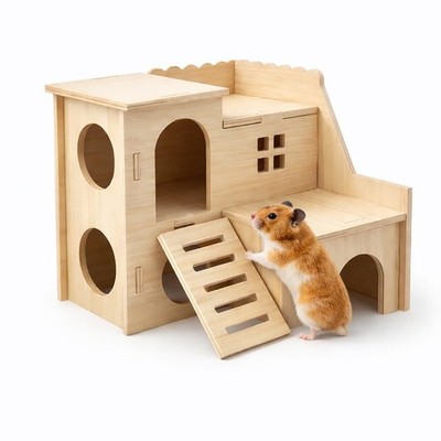 Tiny Hamster Maze Wood House Fun Slide House Double-Decker Hut for Dwarf Gerb...