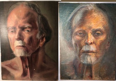 Vintage Oil Painting Old Man Double Sided on Board Dramatic Portrait