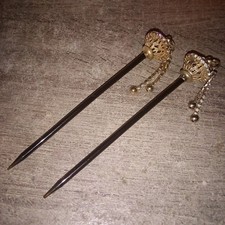 Vintage Set Of 2 Faux Tortoiseshell Gold Tone Rhinestone Hair Pin Sticks 5"