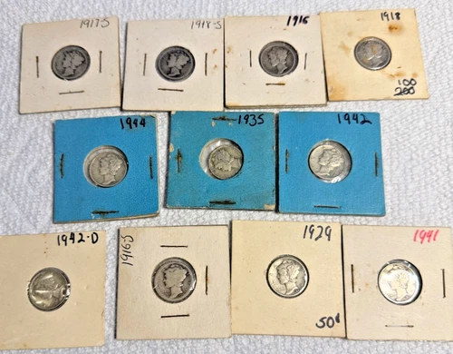 1916-S Mercury 90% Silver Dimes x 11 lot BULLION 1917 1918 1929 1935 S D 1941 42