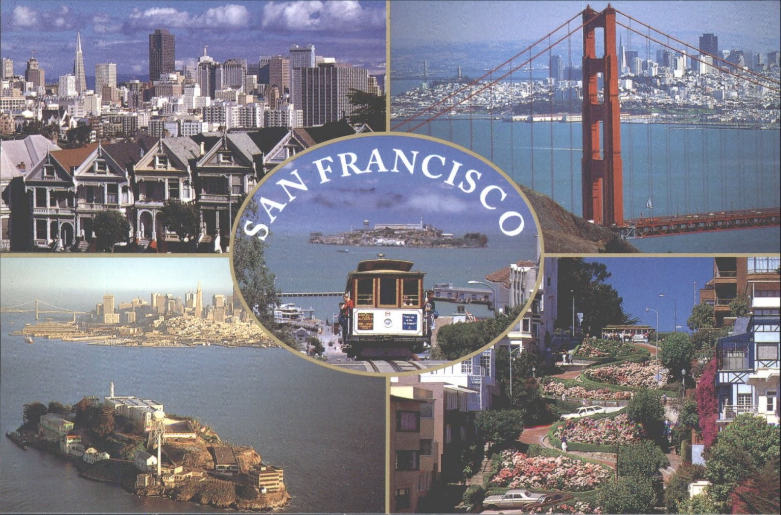 1993 San Francisco Highlights Postcard - Golden Gate, Alcatraz, Cable Car