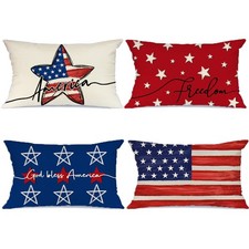 GEEORY 4th of July Pillow Covers 12x20 4-Pack Stars Stripes Patriotic