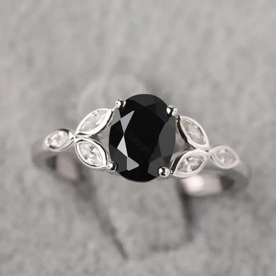 0.50ct Oval Cut Black Moissanite Engagement Ring 14k White Gold For Women