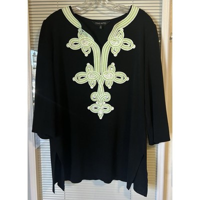 Ming Wang Women's Size L Black/Green  V-Neck Longsleeve Tunic Top