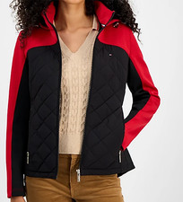 NWT Tommy Hilfiger Colorblocked Quilted Scuba-Trim Jacket, M, Red/Black, 140