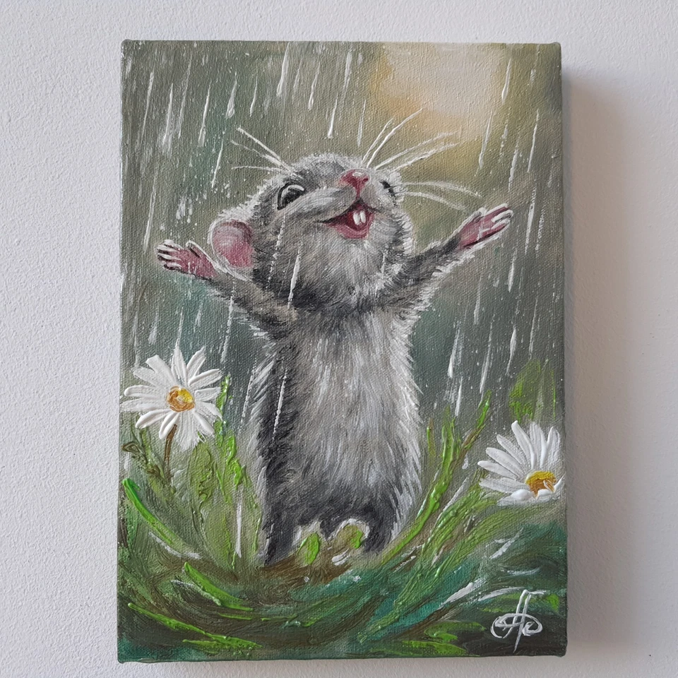 Original Oil Animal Painting Cute Mouse Art Whimsical Rain Nature Floral Canvas - image 3 of 4