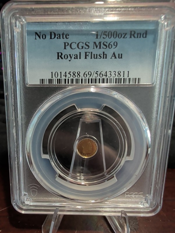 PCGS MS69 Royal Flush 1/500 oz Gold Round No Date Monarch Precious Metals Au