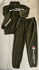 Champion Olive White Tracksuit Set Kids Track Jacket Pants Logo Striped