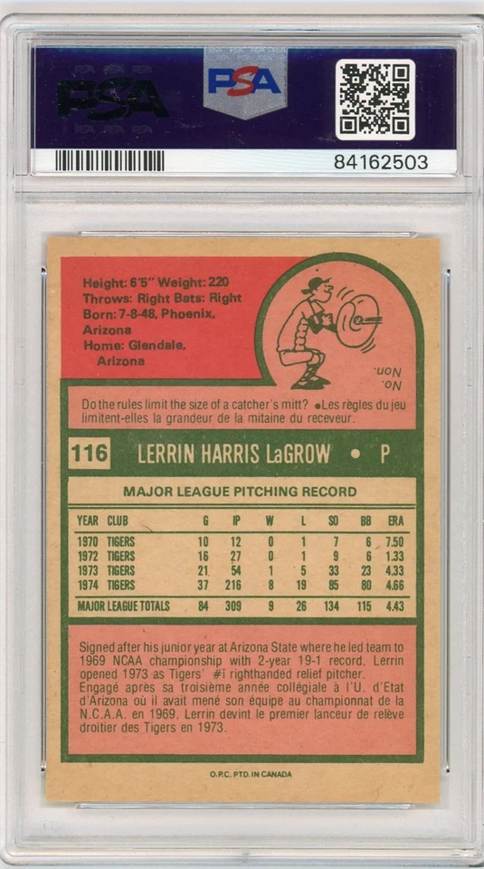 1975 O-Pee-Chee OPC #116 Lerrin LaGrow - PSA 7 - Image 2 of 2