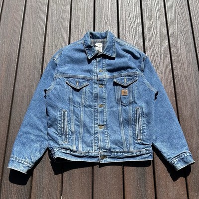 Vtg Carhartt Denim Trucker Jacket J11DST Blanket Lined Men's Medium USA Made