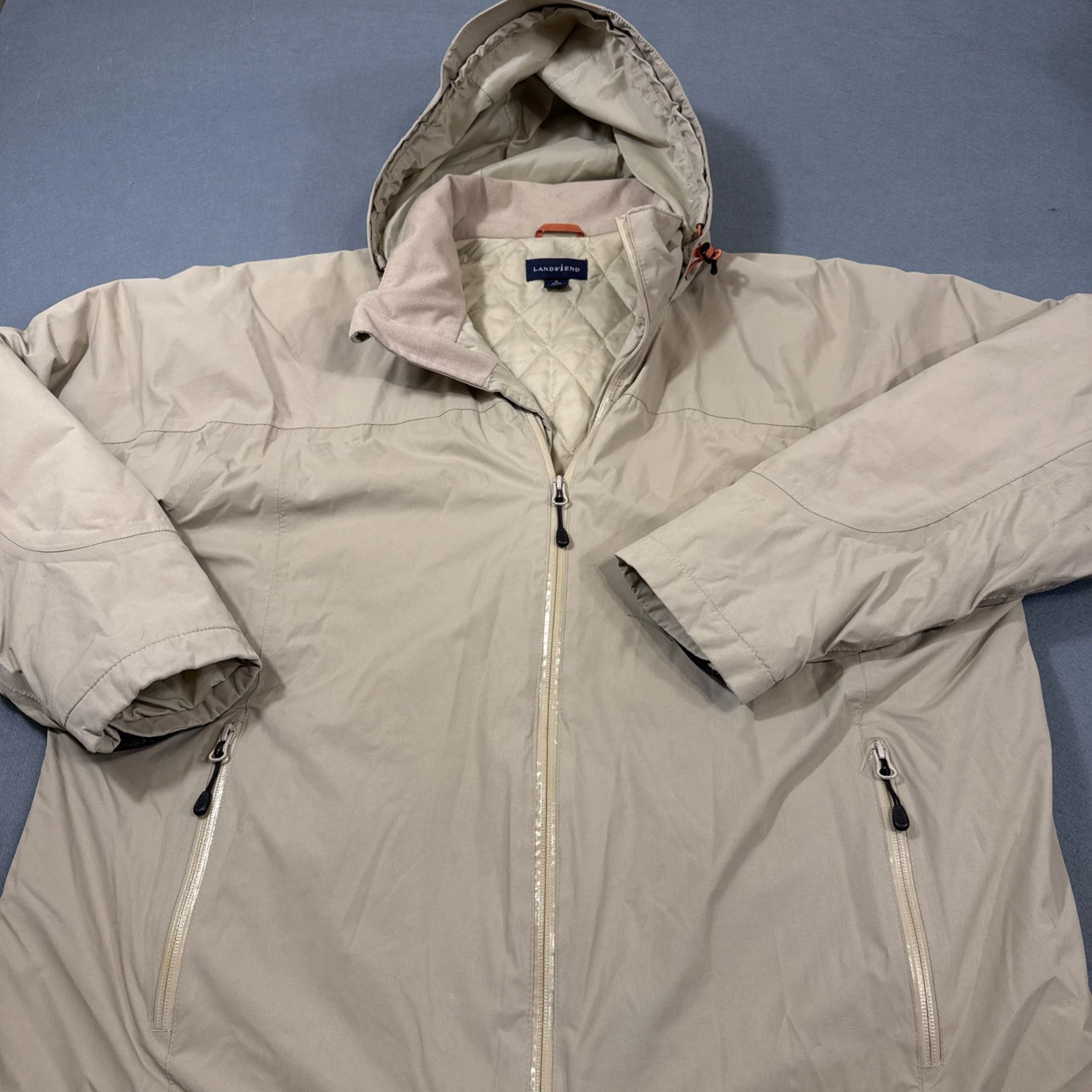 JACKET THERMOLITE MENS XL 42-46 LANDS' END Men's Tan Aquacheck Hooded Coat