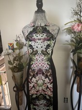 Maggy London Dress Womens 4 Black Floral Sheath Tank Midi Colorblock Fitted