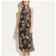 New Vince Tropical Garden Halter Neck Midi Dress Black Palm Floral XS