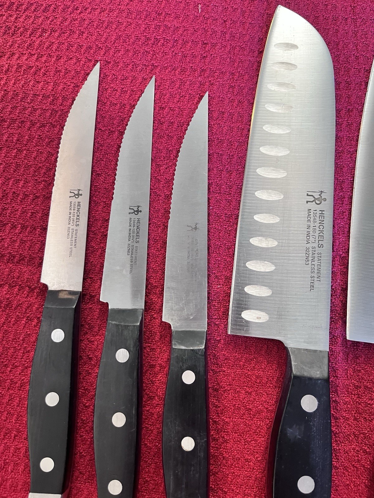 HENCKELS Knife Block and Partial Set- 3 Kitchen Knives, 3 Steak Knives, 1 Steel