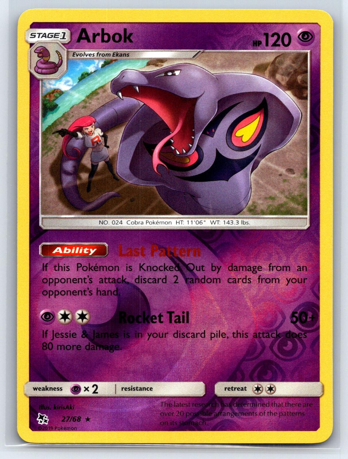 Arbok 27/68 Rare Hidden Fates Pokemon Reverse Holo Near Mint