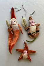 Vintage 3 Clay Face Santa Christmas Ornaments Chenille Star Shape Feather Tree