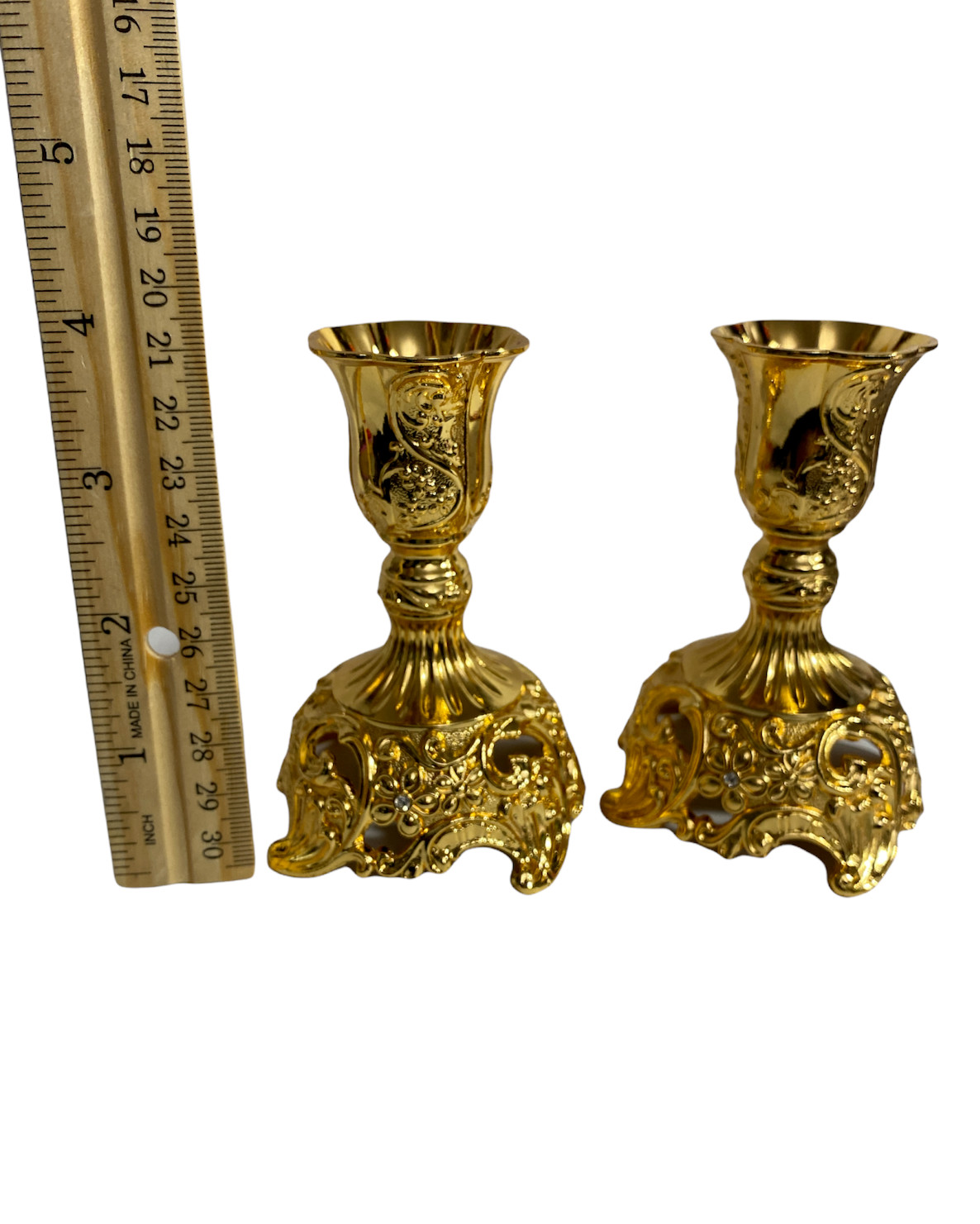 JAZPlayer 2 pk Gold Candle Stick Holders Taper Deluxe Engraved 4" Victorian