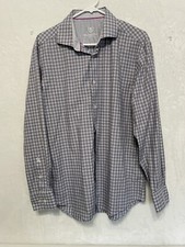 Bugatchi Uomo Size 16.5 -34/35 Grey Plaid Long Sleeve Button Up Dress Shirt