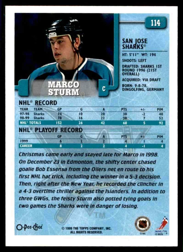 1999-00 O-Pee-Chee Marco Sturm #114 - Image 2 of 2