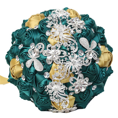 Wedding Satin Silk Rose Simulation Bouquet  Bride Rhinestone Bouquet Accessories