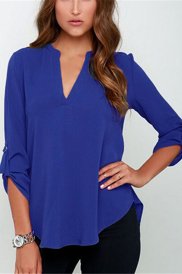 Ladies Blue V Neck Polyester Top Long Sleeve Loose Casual T