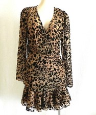 ASTR The Label Mini Dress V-Neck Leopard Runched/Ruffle Skirt Long Sleeve SizeXS