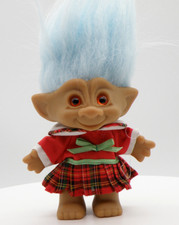 Vintage ACE NOVELTY Lucky Troll Doll 4" Lt Blue Hair Orange Eyes Red Jewel Belly