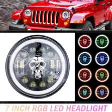1 X Skull 7" Round LED Headlights Halo Angle Eyes For Jeep Wrangler JK LJ TJ CJ