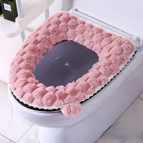 Faux Rabbit Fur Toilet Seat Cover Mat cover Zipper Washable PU Leather Backing - Picture 16 of 18