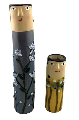 2 Adorable Women Bud Vases Hand Painted Resin Funny Faced Tall 8  & Short 4.5 