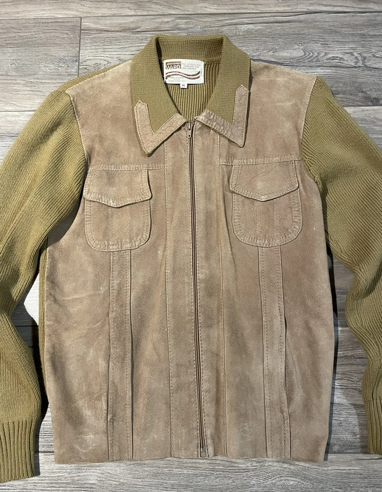 Chaqueta Frontal Gamuza Marrón Mangas Acrílicas Cuello Trasero Montgomery Ward Años 70 M Foto 2 de 4