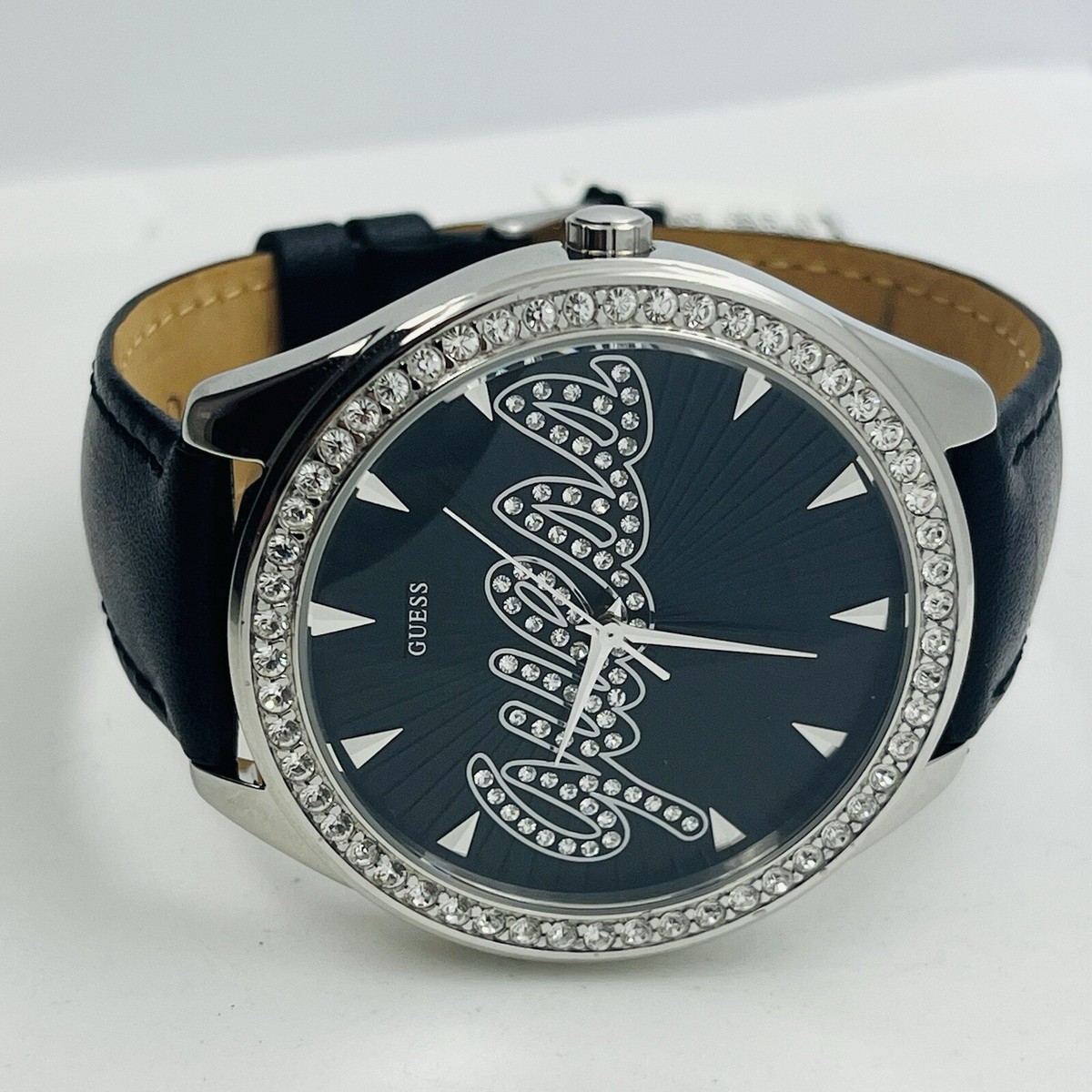 Guess Logo Men's Silver Tone Steel 45mm Black Leather Watch
