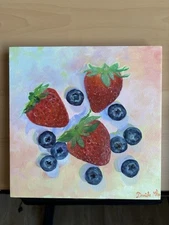 Original Oil Painting Strawberry And Blueberry Size 8x10 In 