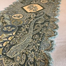 Vintage PASHMINA Bandana SCARF Wrap TABLE RUNNER Blue Green Fringe GORGEOUS EUC