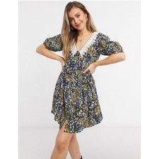 ASOS Design Floral Print Puff Sleeve Cottagecore Black Mini Dress Women's Size 0