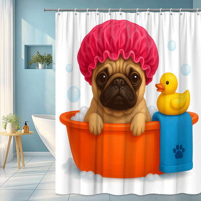 Cute Pug Shower Curtain with Rubber Duck and Pink Shower Cap
