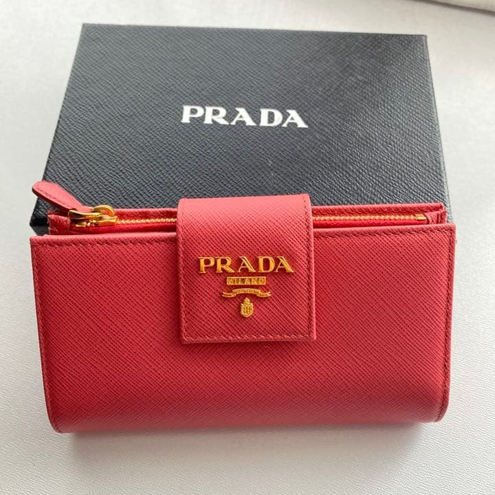 PRADA Saffiano Leather Wallet Gold Metal Logo Snap Closure 9.5x16cm Mint Condit