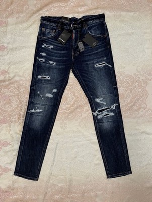 Dsquared2 Men s Dark Wash Distressed Skinny Jeans With Logo And Rips In Size 32