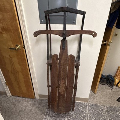Vintage Wooden Sled with Metal Runners Traditional Brown Winter Sports
