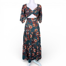 Minkpink Olivia Teal Floral Ring Cutout Tiered Midi Dress Puff Sleeve Smocked S