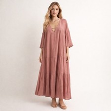 NA-KD Dusty Rose Boho Maxi Dress Cotton Flowy Medium Side Slit Caftan Beachy