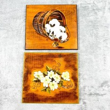 Vintage Hand Painted Wood Wall Plaques Cotton Flowers Signed Betty Set of 2