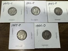 LOT OF 5 - 1942 P/S , 1943 , 1944-D ,1945 MERCURY DIMES 90% SILVER