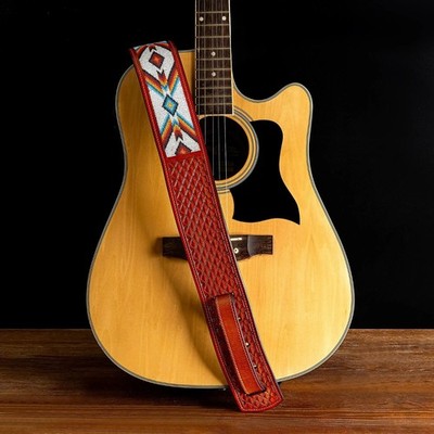 Leather Guitar Strap Full Grain Leather US Handmade Beaded Full Grain