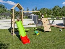 Stelzenhaus Spielturm Spielhaus + Doppelschaukel Kletterpodest Rutsche grün rot