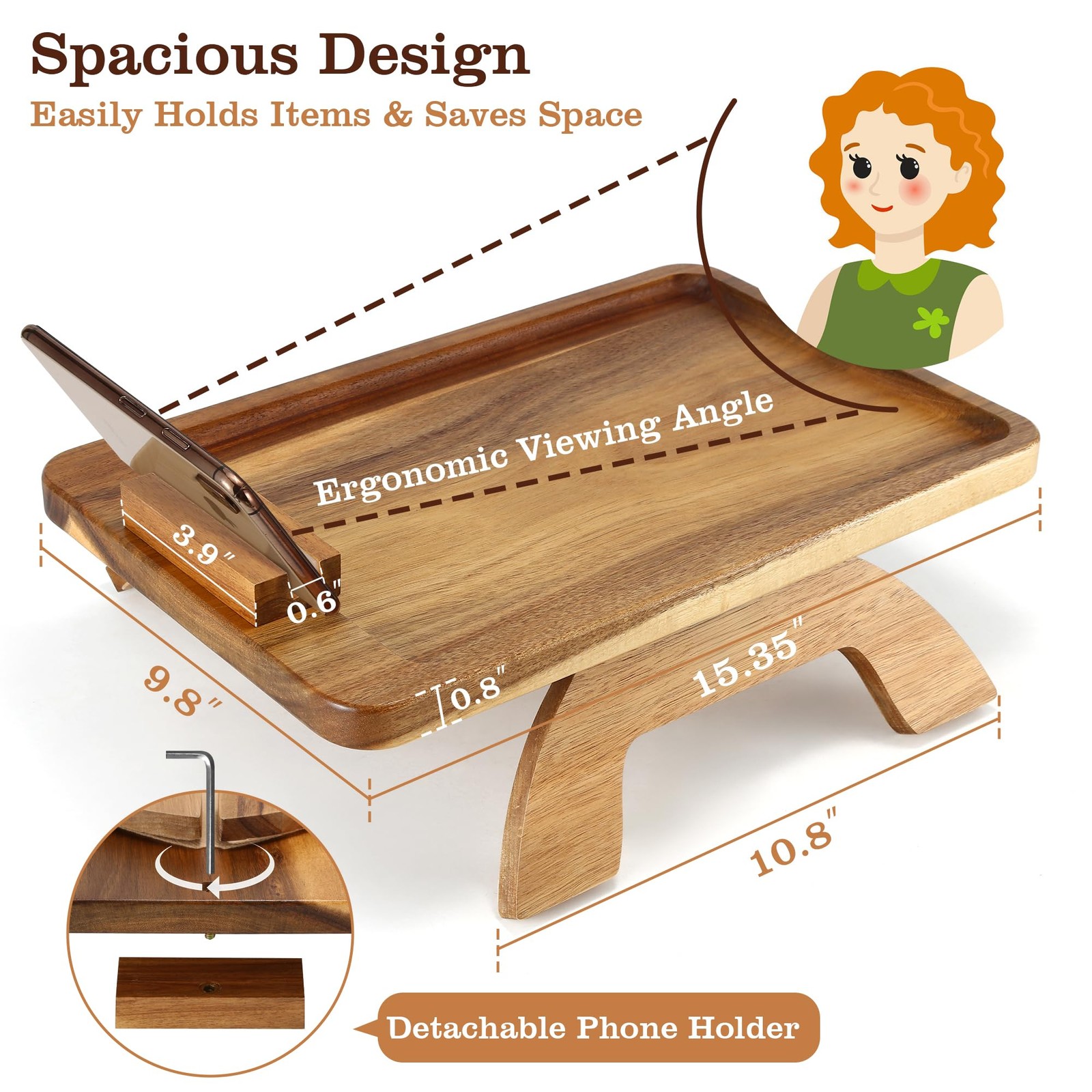 Acacia Wood Couch Armrest Table,Sofa Arm Tary Table for Living Room,Sofa Armr...