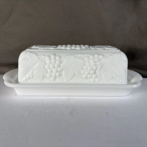 Imperial White Milk Glass Grape Pattern Butter Dish W/ Lid Vtg Serve Ware Granny
