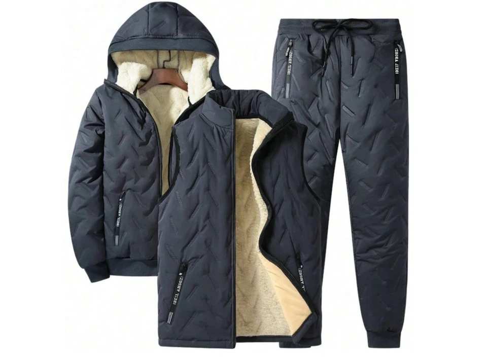 Conjunto de 3 piezas de lana de invierno para hombre chaqueta con capucha chaleco y pantalones cálidos de alta resistencia Foto 2 de 4