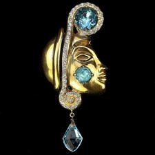 Eisenberg Original Gold & Aqua Crystals African Mask 'Josephine Baker' Pin Clip