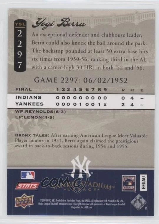 2008 Upper Deck Yankee Stadium Legacy Yogi Berra #YSL2297 HOF - Image 2 of 2